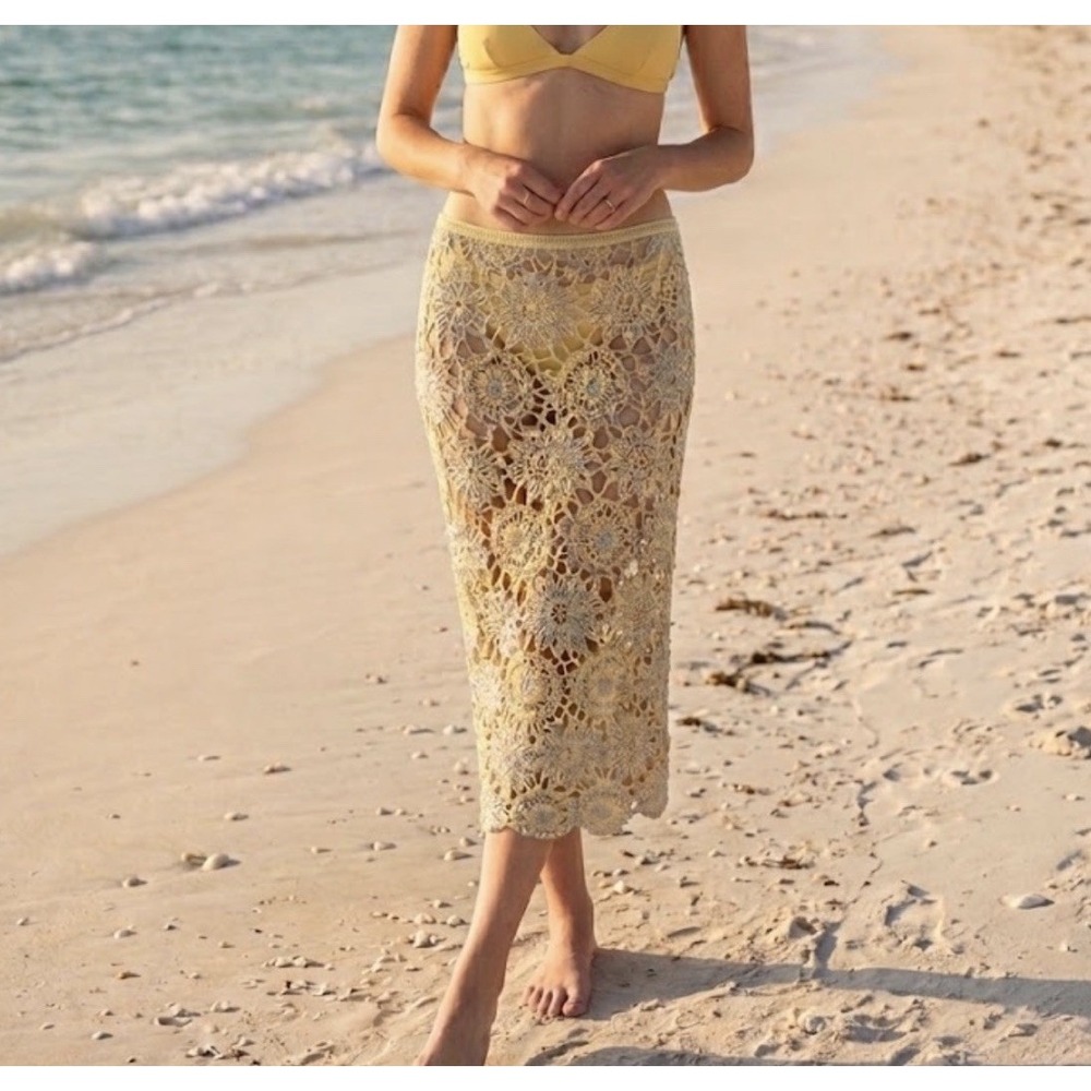 For Love And Lemon Floral Open Knit Crochet Midi Skirt In Yellow Blue Sz S